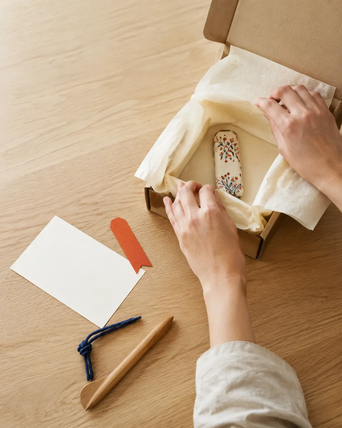 Hands wrapping a small stationery item in a parcel box